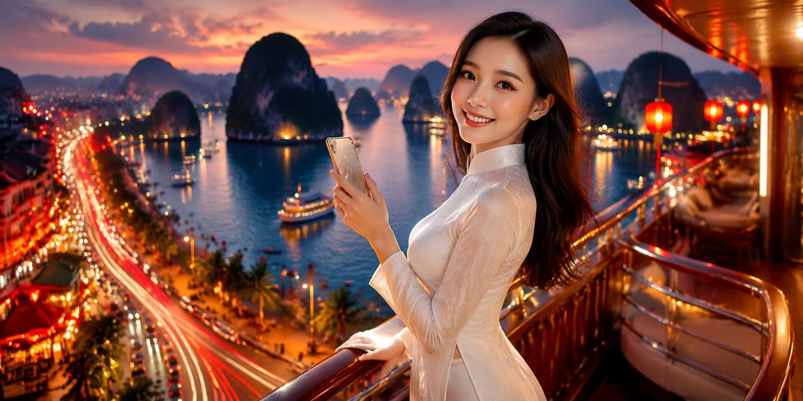 Người chơi mặc áo dài trải nghiệm mobile casino bên vịnh Hạ Long với giao diện slots đẹp mắt